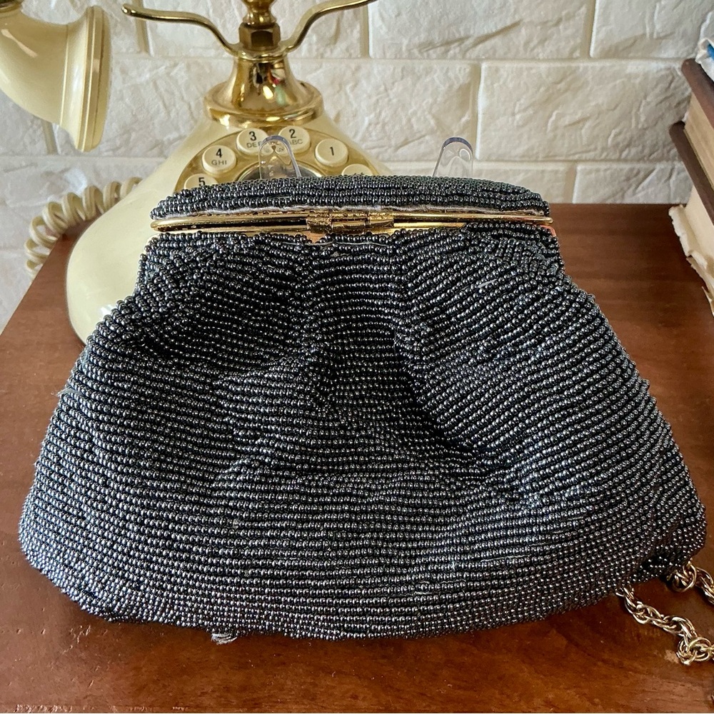 Vintage Nina Ricci Paris Pewter Beaded Evening Bag Gold-Tone Metal Clasp Frame - Picture 9 of 13